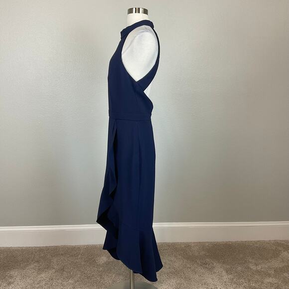 XSCAPE Backless Ruffled Halter Sheath Cocktail Dress Blue Size 14 High Low Midi - Picture 6 of 13